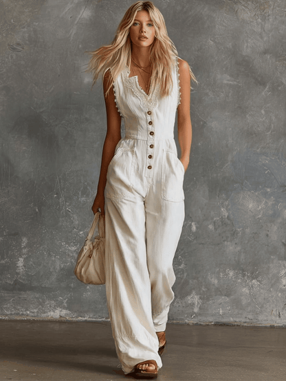 Elegant Vintage Western V-neck Front Buttons Lace Trim White Cotton Jumpsuit