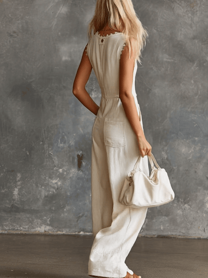 Elegant Vintage Western V-neck Front Buttons Lace Trim White Cotton Jumpsuit