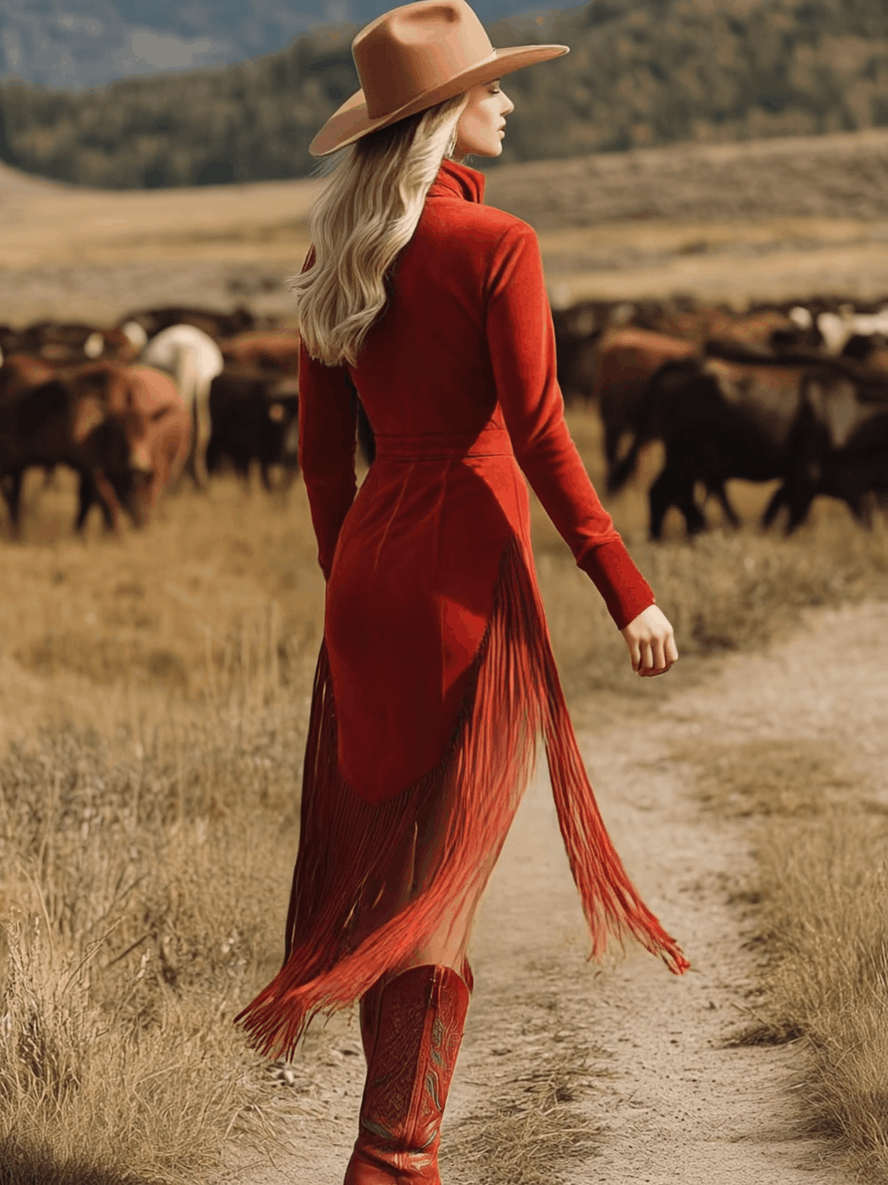 Western Style Vintage Embroidered Red Fringed Faux Suede Midi Dress