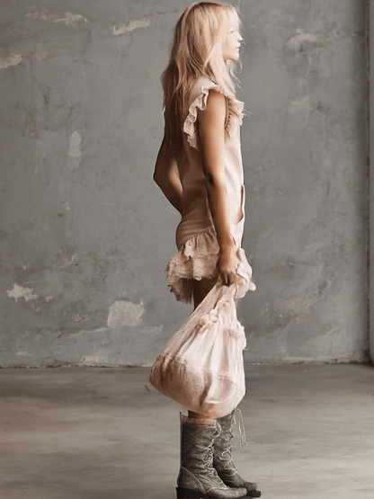 Elegant Retro Sporty V-neck Front Zipper Sleeveless Lace Trim Pink Cotton Mini Dress