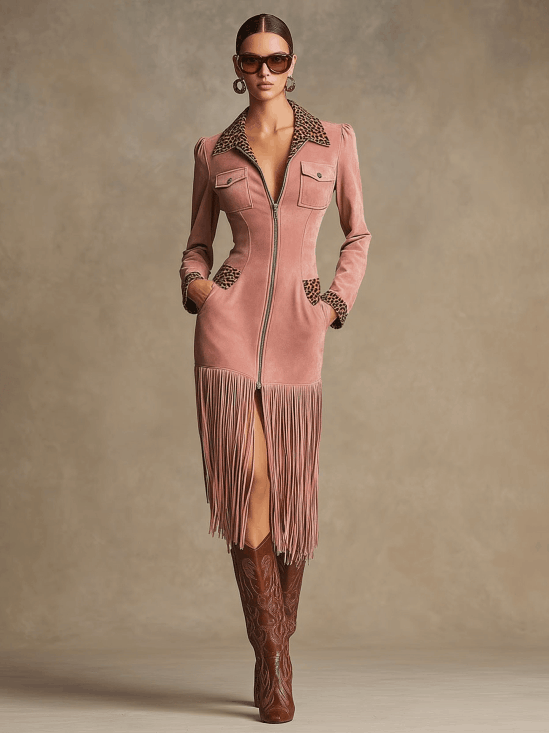 Western Retro Leopard Print Pink Faux Suede Zipper Tassel Midi Dress