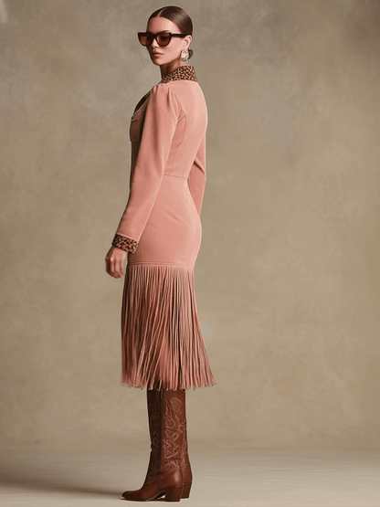 Western Retro Leopard Print Pink Faux Suede Zipper Tassel Midi Dress