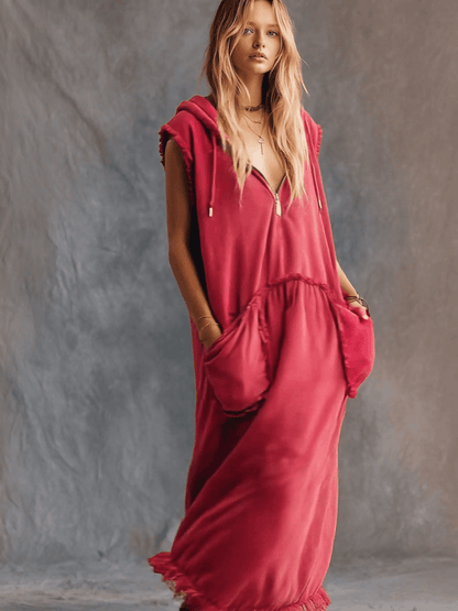 Vintage Casual Sporty Hooded V-neck Front Zip Lace Trim Sleeveless Raspberry Red Cotton Maxi Dress