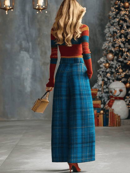 Vintage Fashion Versatile Blue Plaid Wide-leg Pants