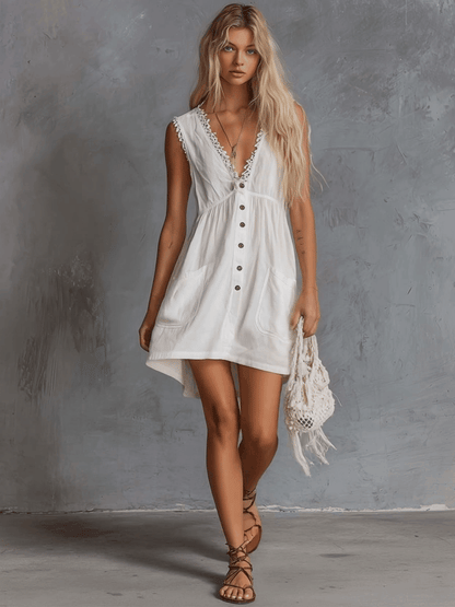 Elegant Vintage Western Lace V-neck Front-button White Cotton Mini Dress