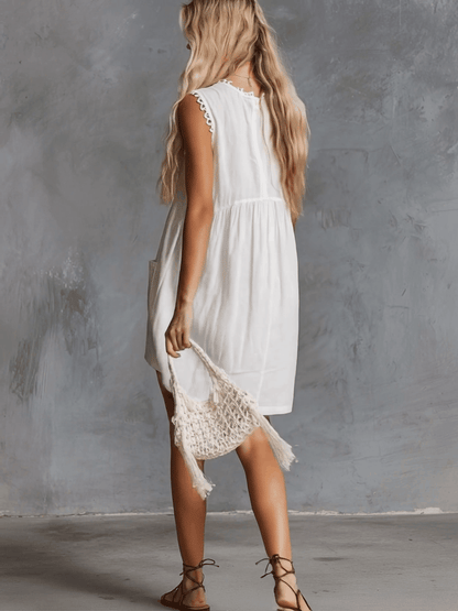 Elegant Vintage Western Lace V-neck Front-button White Cotton Mini Dress