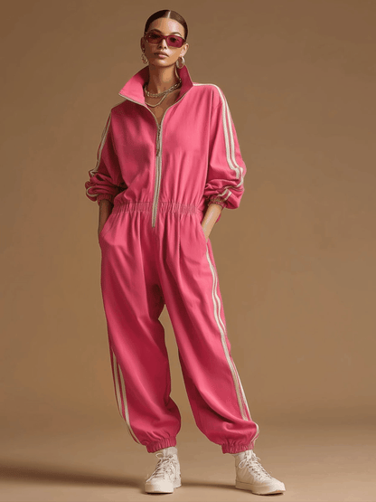 Retro Sporty Woven Rose Red Cotton Wide-leg Jumpsuit