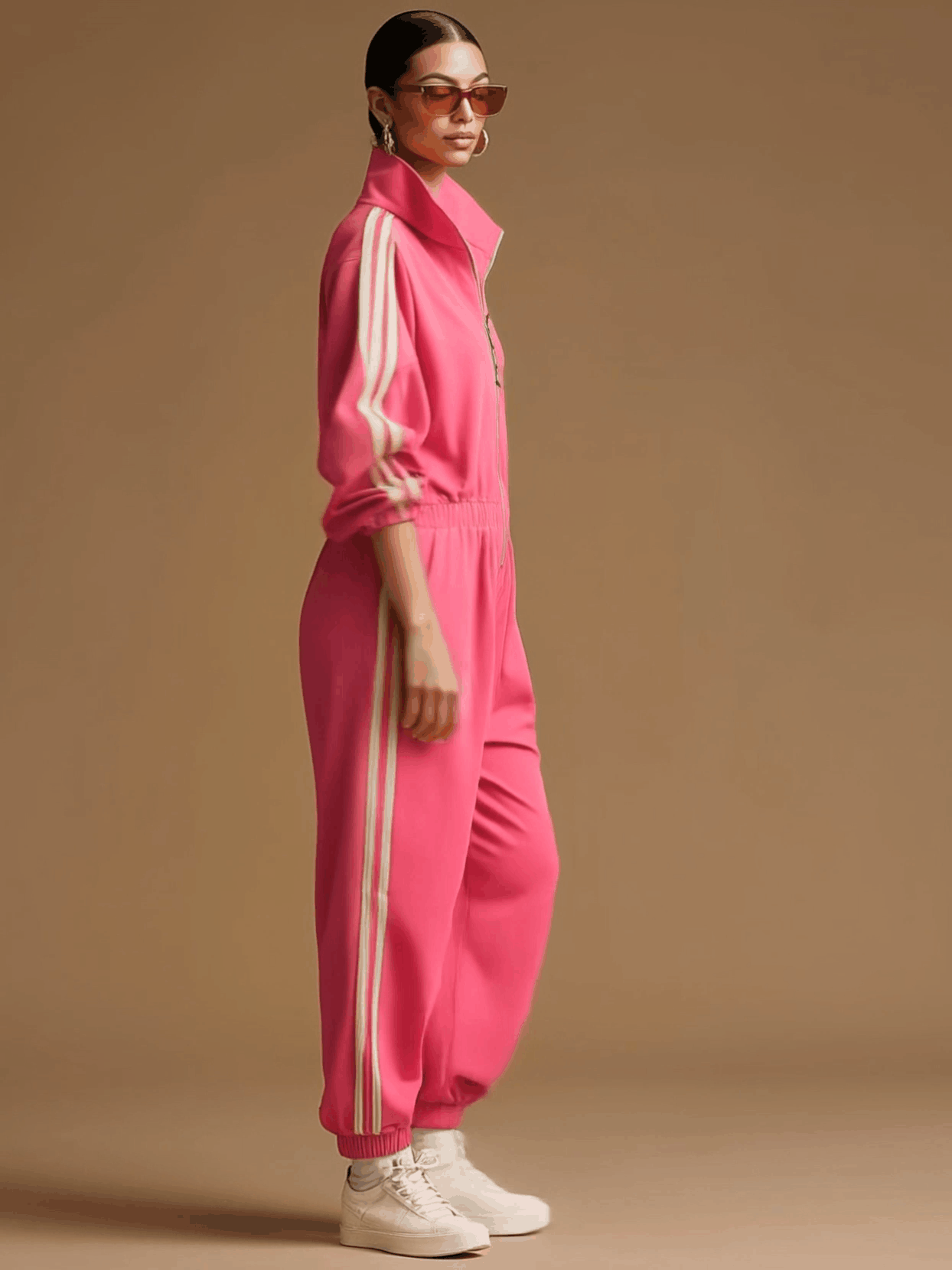 Retro Sporty Woven Rose Red Cotton Wide-leg Jumpsuit