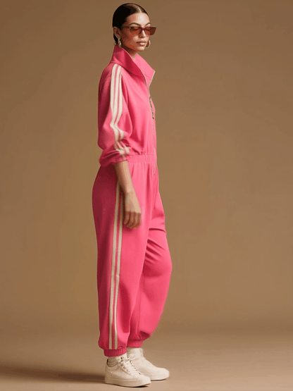 Retro Sporty Woven Rose Red Cotton Wide-leg Jumpsuit