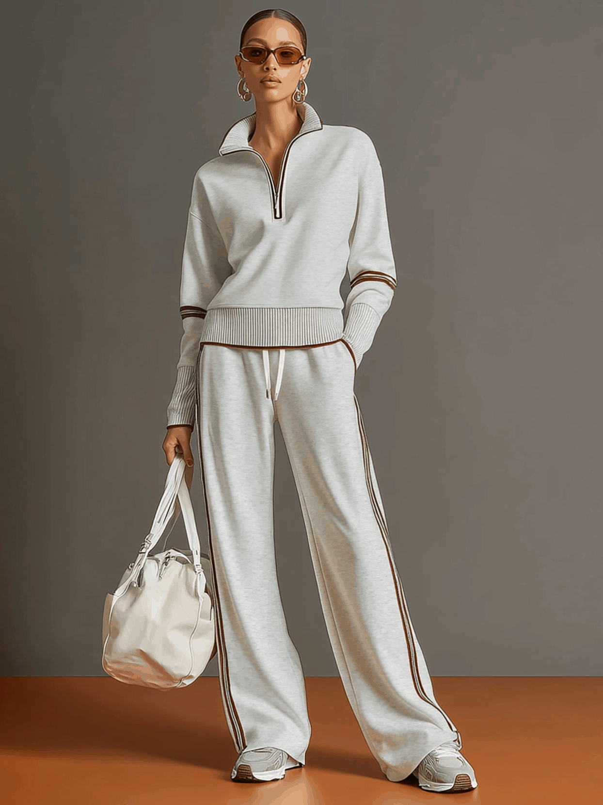 Retro Sporty Webbing Grey-white Half-zip Sweatshirt And Wide-leg Pants Set