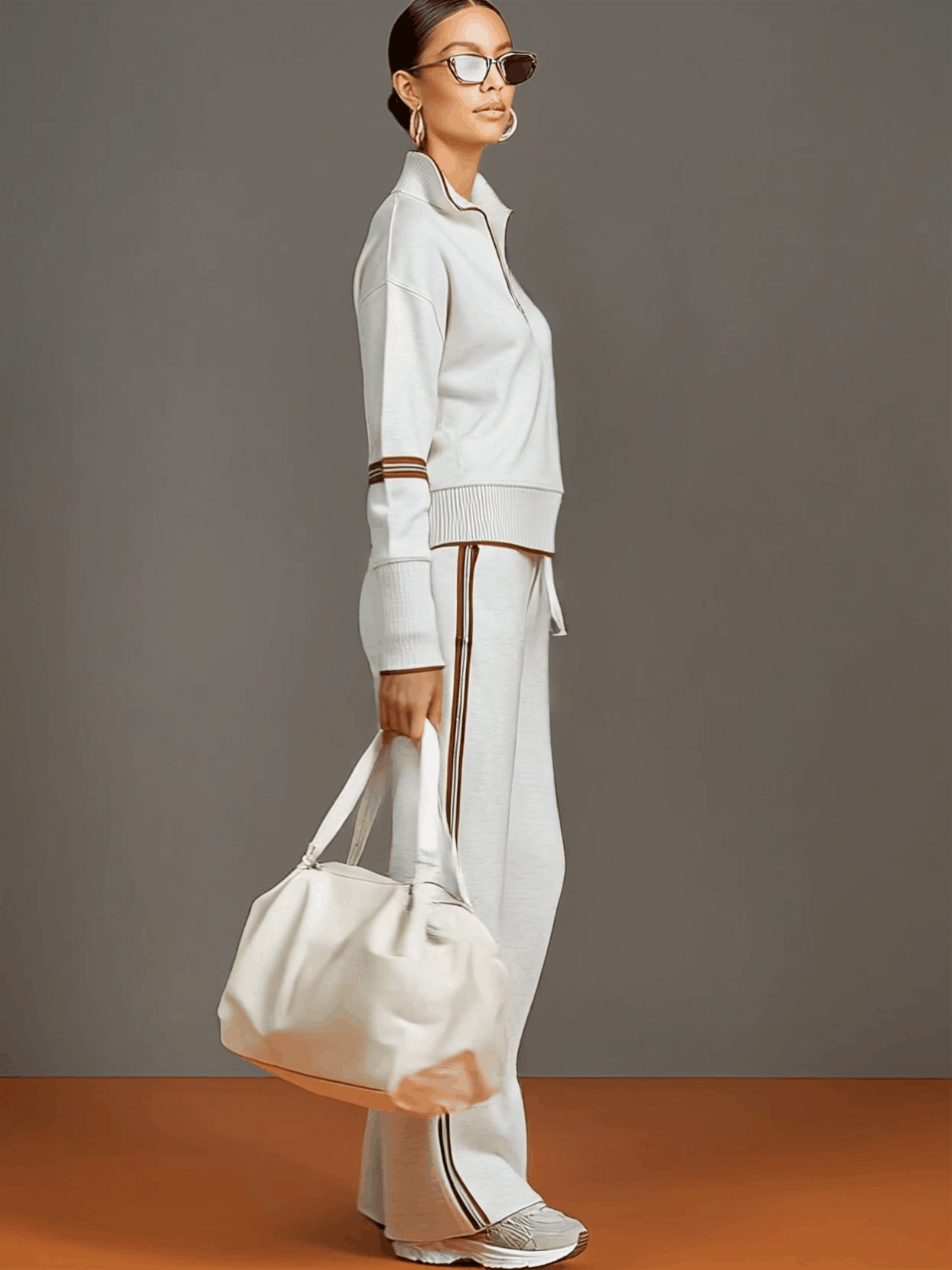 Retro Sporty Webbing Grey-white Half-zip Sweatshirt And Wide-leg Pants Set