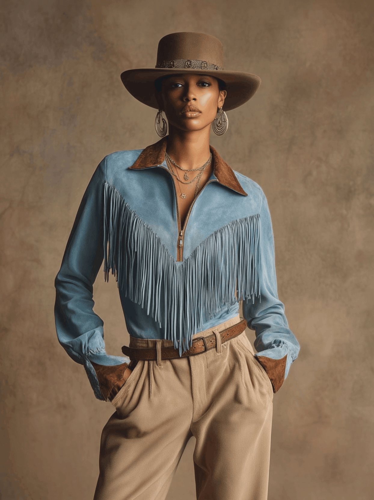 Western Retro Brown And Blue Faux Suede Tassel Long-Sleeved Shirt