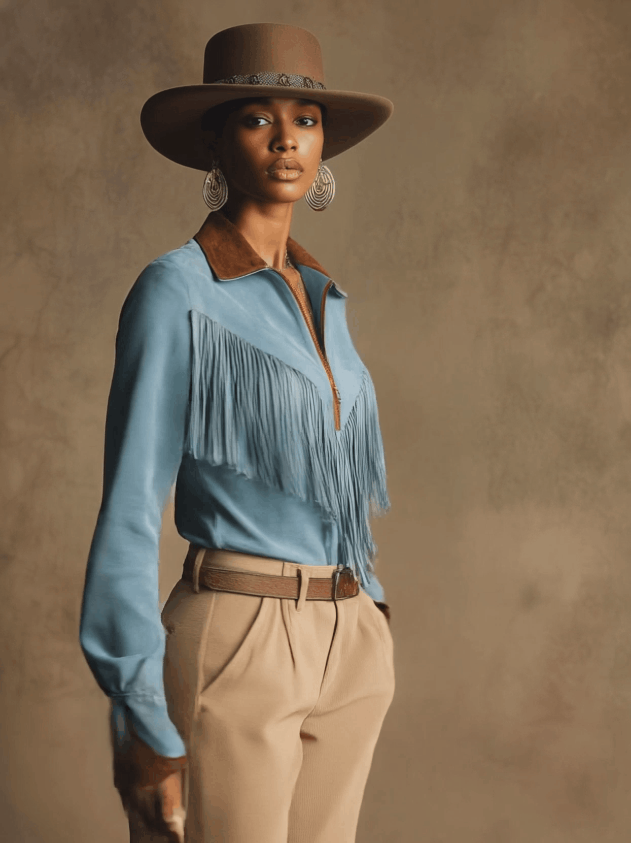 Western Retro Brown And Blue Faux Suede Tassel Long-Sleeved Shirt
