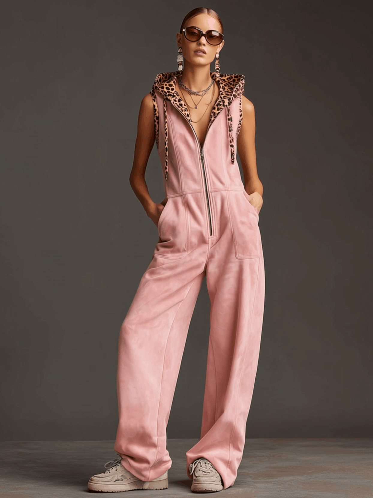 Western Retro Pink Faux Suede Sleeveless Leopard Print Hooded Wide-Leg Jumpsuit
