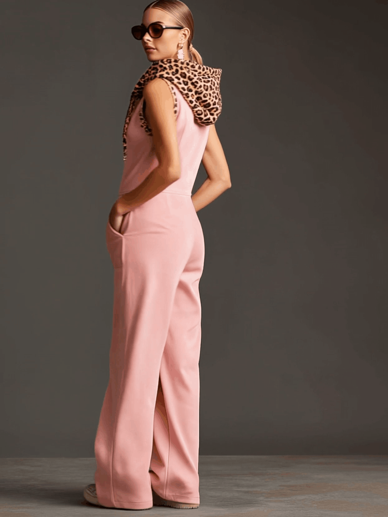 Western Retro Pink Faux Suede Sleeveless Leopard Print Hooded Wide-Leg Jumpsuit