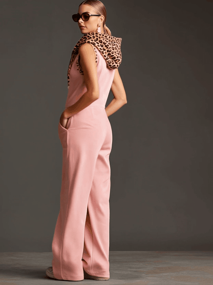 Western Retro Pink Faux Suede Sleeveless Leopard Print Hooded Wide-Leg Jumpsuit