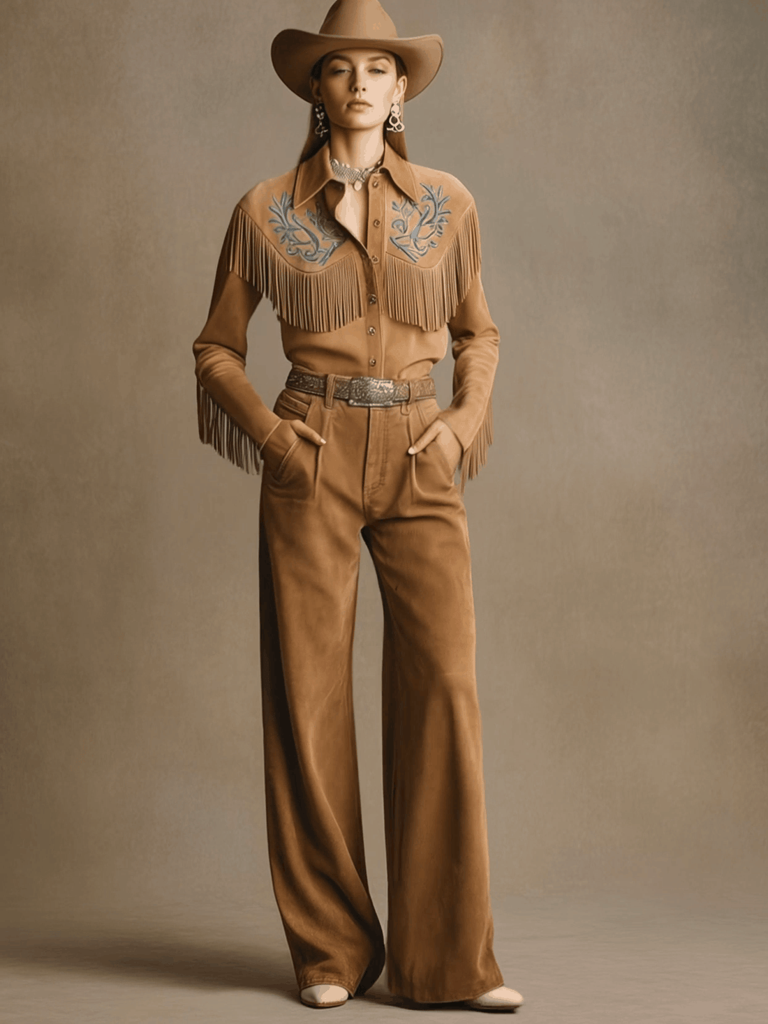 Western Retro Light Brown Faux Suede Wide-leg Pants