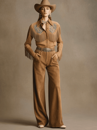 Western Retro Light Brown Faux Suede Wide-leg Pants