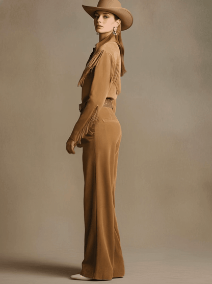 Western Retro Light Brown Faux Suede Wide-leg Pants
