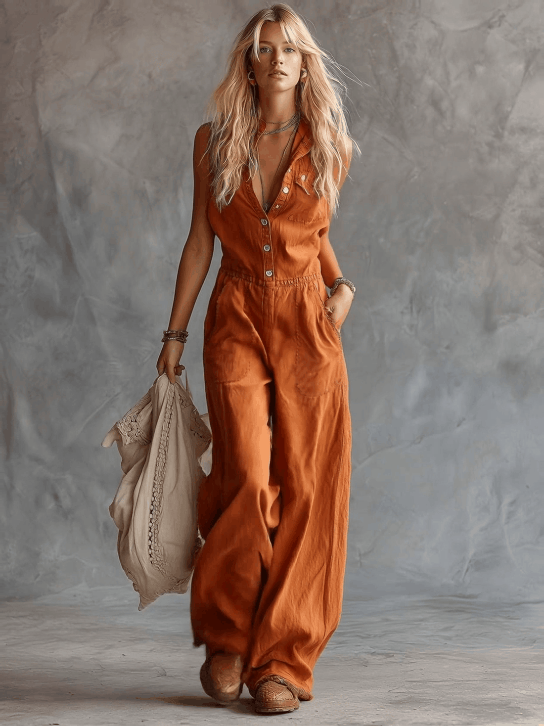 Casual Fashion Western V-neck Front-button Sleeveless Rust-orange Denim Jumpsuit
