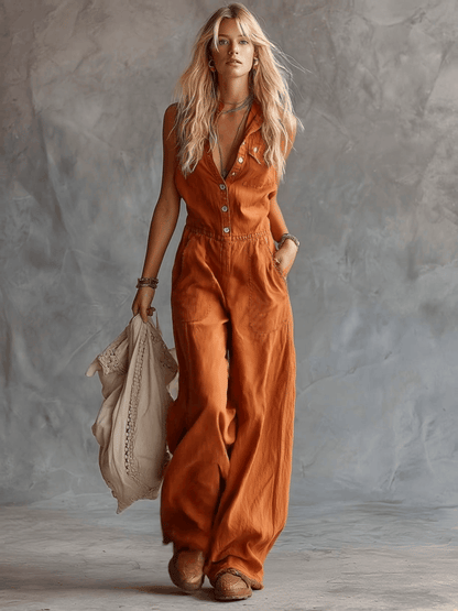 Casual Fashion Western V-neck Front-button Sleeveless Rust-orange Denim Jumpsuit