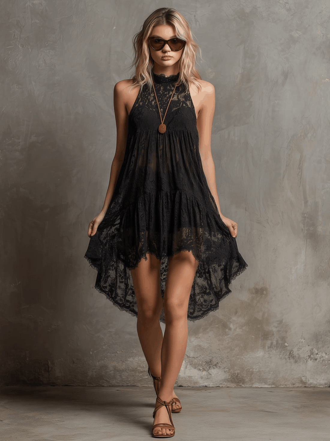 Bohemian Resort Black Lace Sleeveless A-line Mini Dress