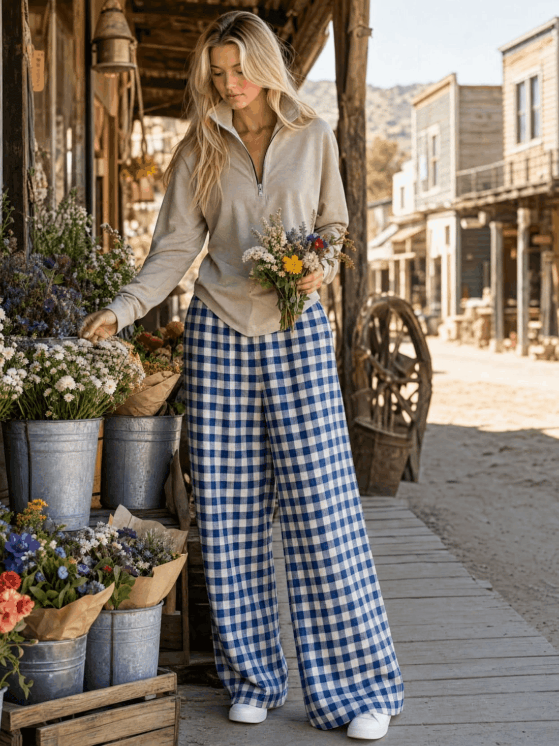Casual Retro Light Khaki Stand-up Collar Cotton T-shirt And Blue Plaid Pants Set