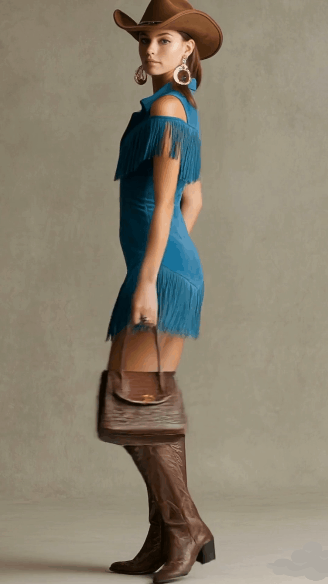 Western Retro Peacock Blue Faux Suede Hollow-Out Tassel Mini Dress