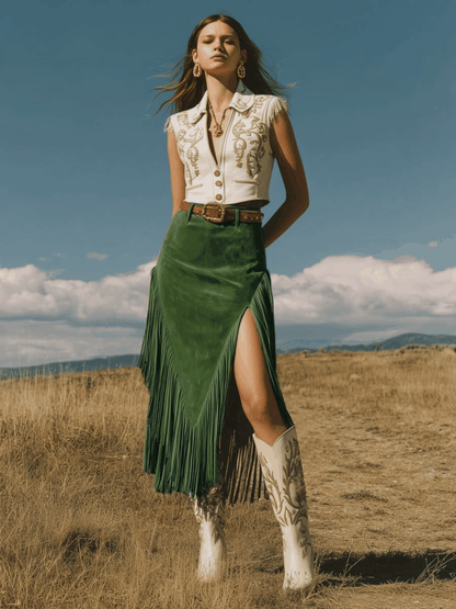 Western Retro Green Fringed Faux Suede Midi Skirt