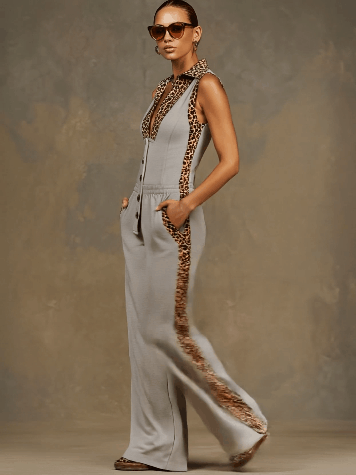 Sporty Retro Leopard Print Trim Gray Sleeveless Wide-leg Jumpsuit