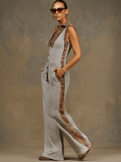 Sporty Retro Leopard Print Trim Gray Sleeveless Wide-leg Jumpsuit