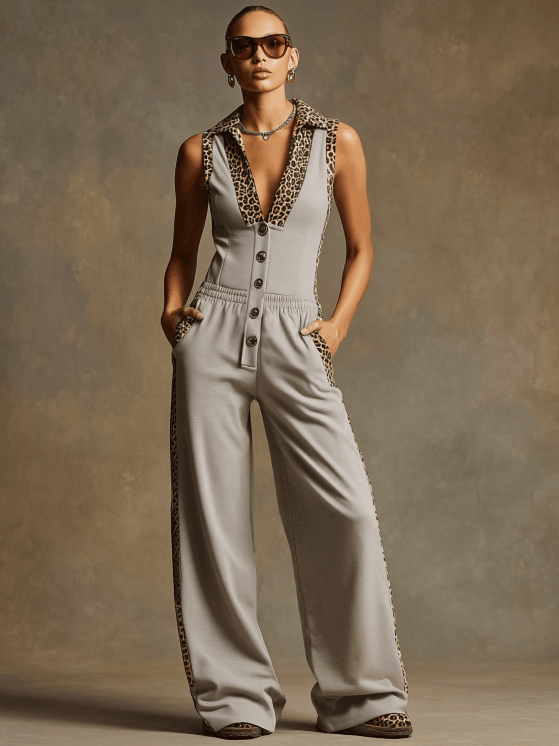 Sporty Retro Leopard Print Trim Gray Sleeveless Wide-leg Jumpsuit