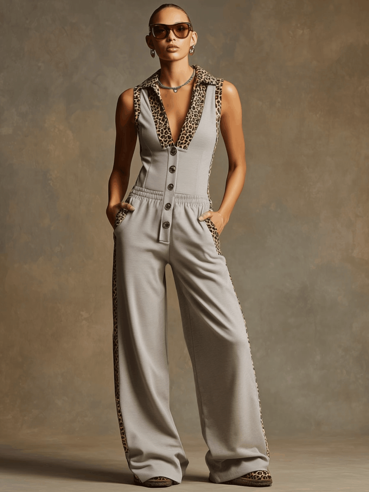 Sporty Retro Leopard Print Trim Gray Sleeveless Wide-leg Jumpsuit