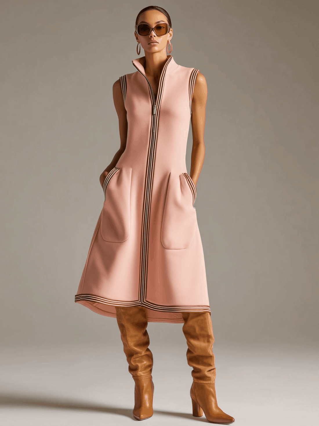 Sporty Retro Striped Ribbed Pink Cotton Blend Sleeveless Midi Dress