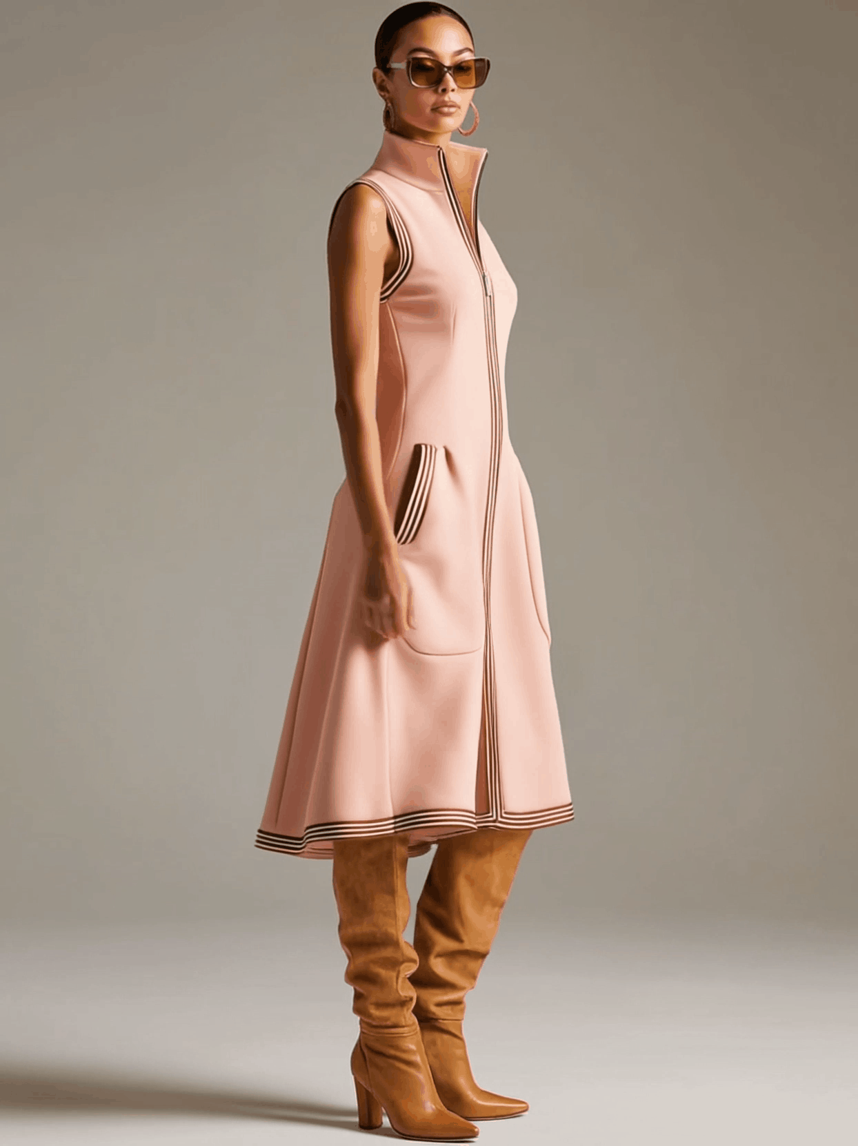 Sporty Retro Striped Ribbed Pink Cotton Blend Sleeveless Midi Dress