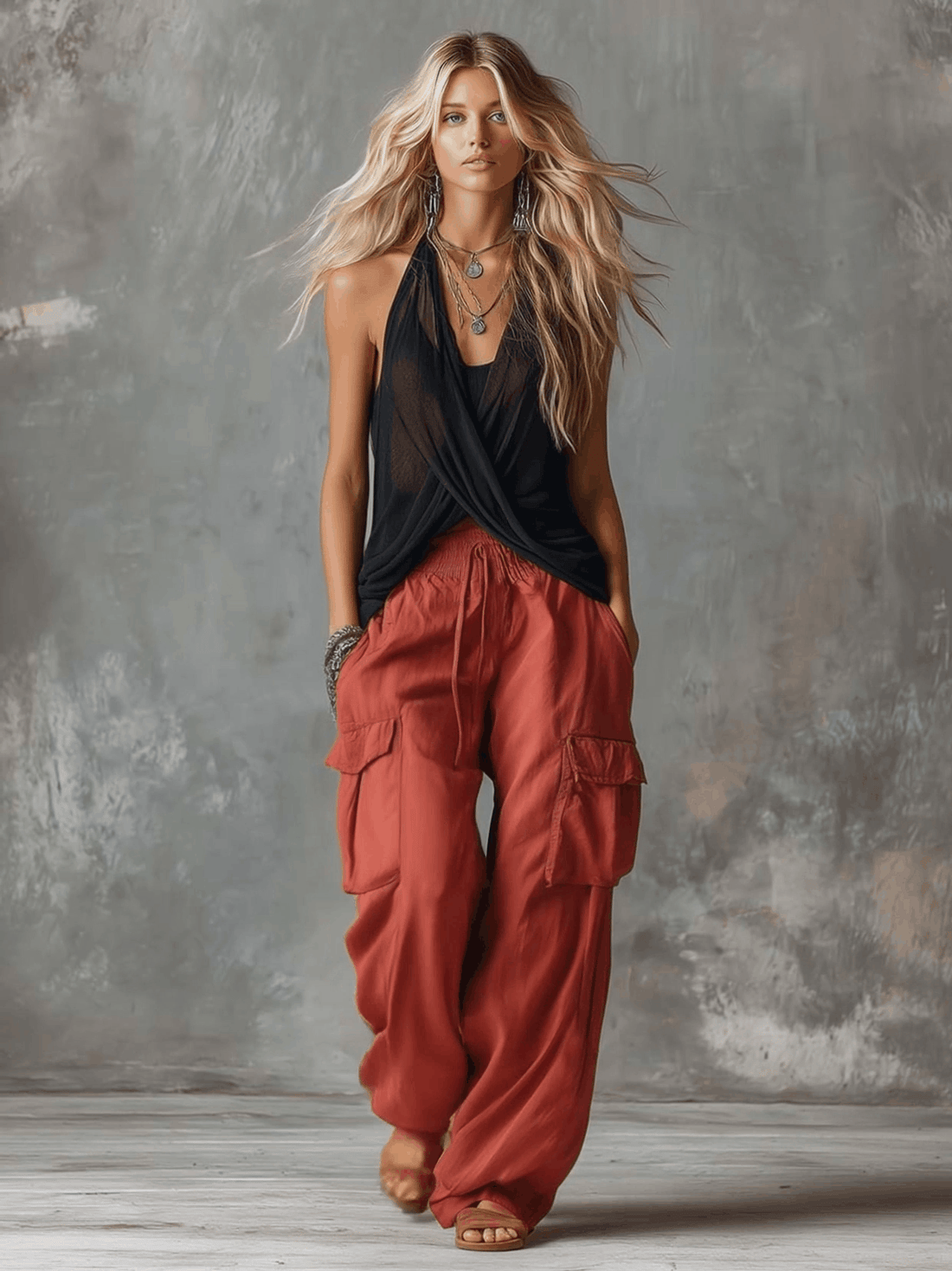 Retro Casual Workwear Style Black V-Neck Mesh Top And Red Cotton Pants Set