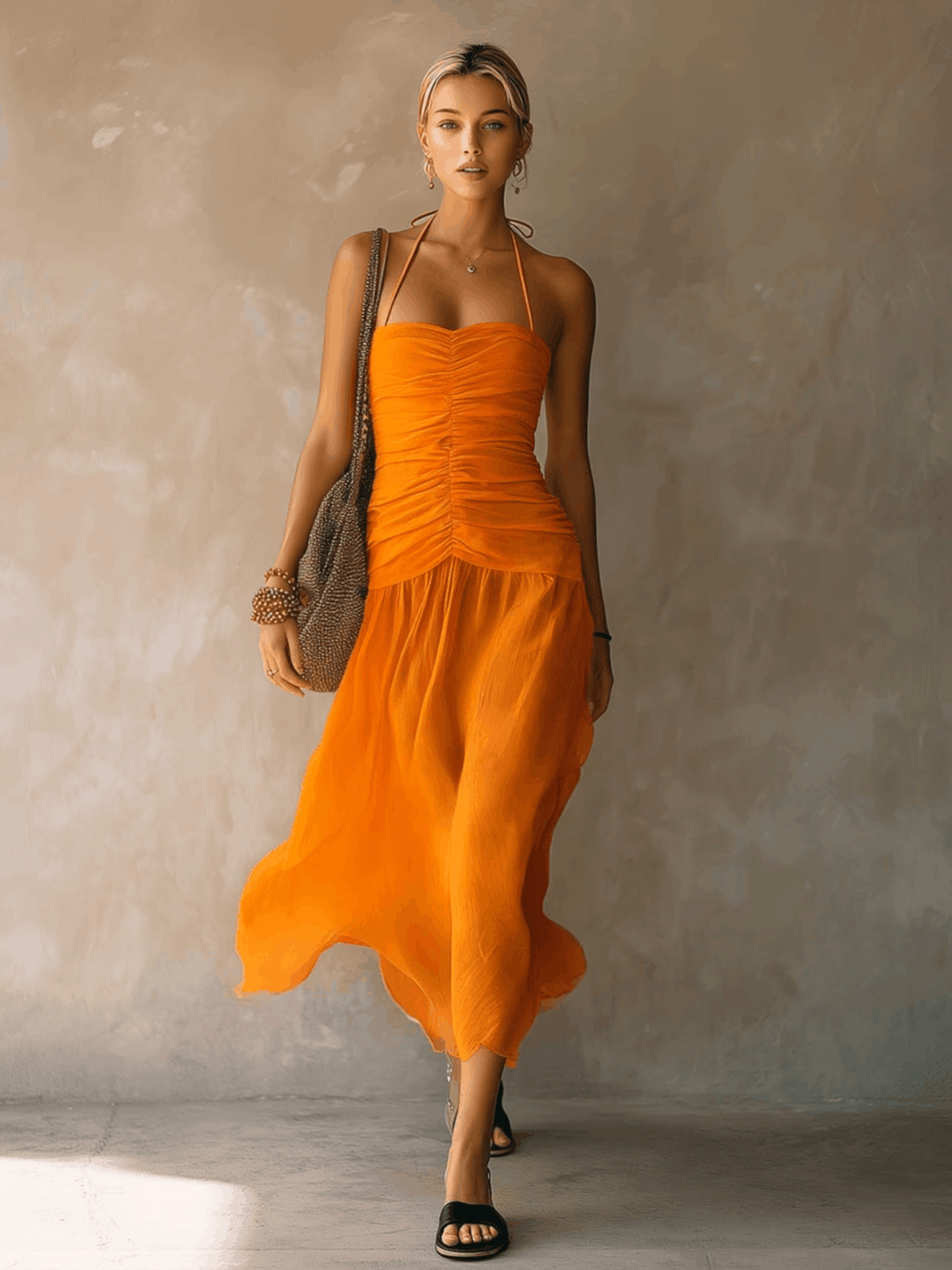 Retro-elegant Orange Halter Neck Sleeveless Pleated Chiffon Midi Dress