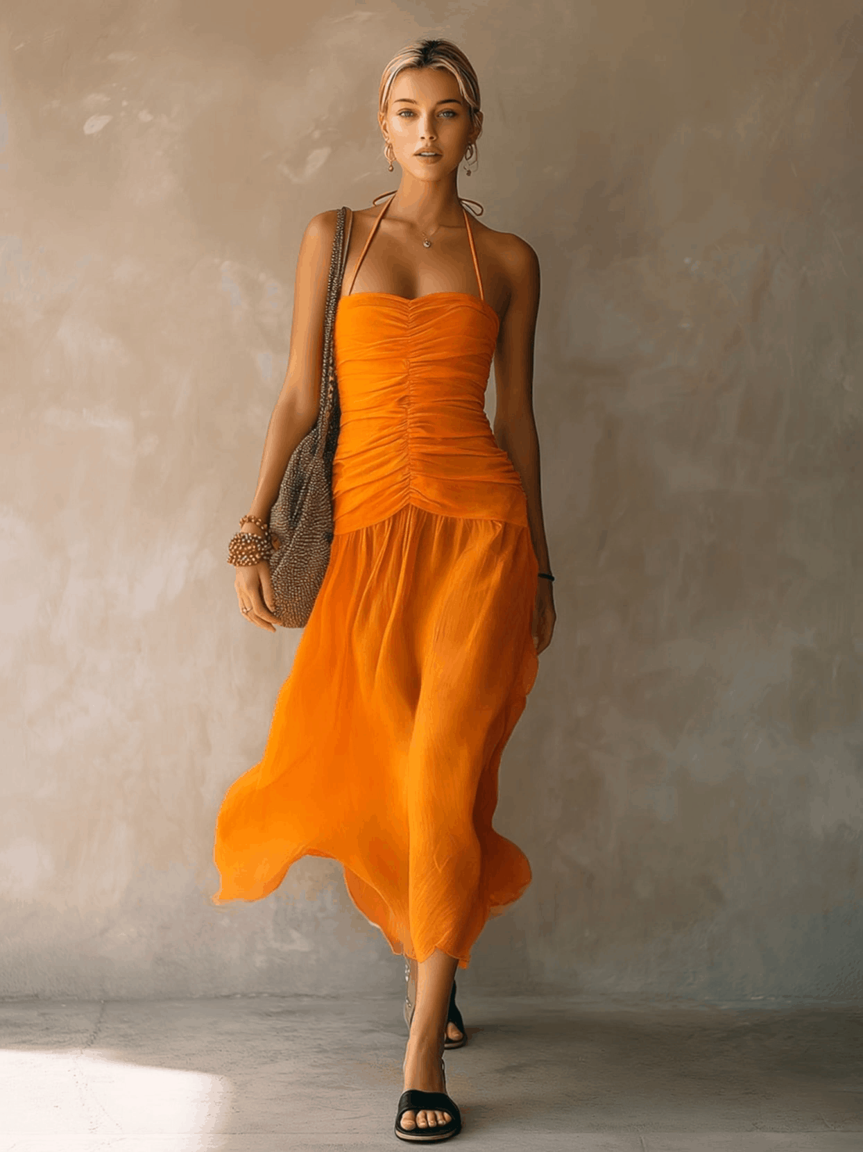 Retro-elegant Orange Halter Neck Sleeveless Pleated Chiffon Midi Dress