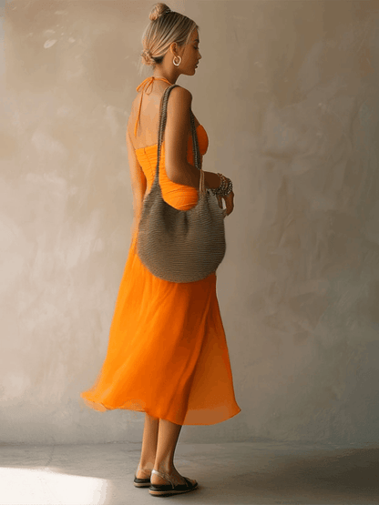 Retro-elegant Orange Halter Neck Sleeveless Pleated Chiffon Midi Dress