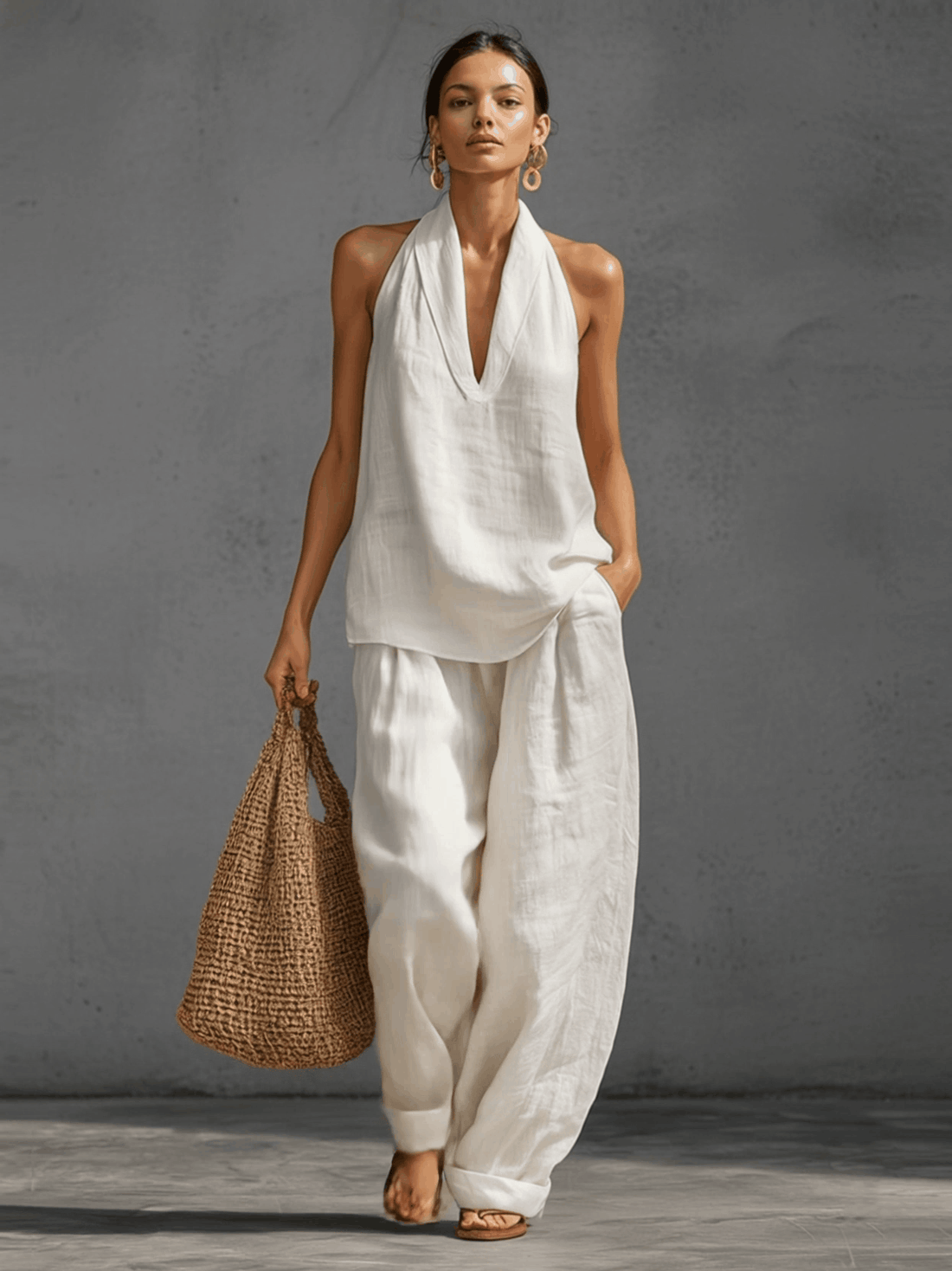 Casual Urban Style White Linen V-neck Sleeveless Top And Wide Leg Pants Set