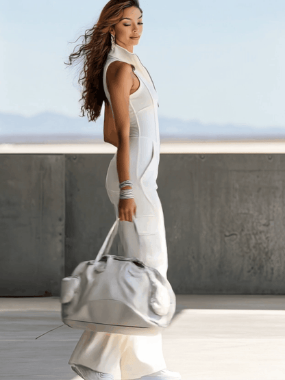 Sporty Retro Embroidered White Cotton Sleeveless Flared Jumpsuit