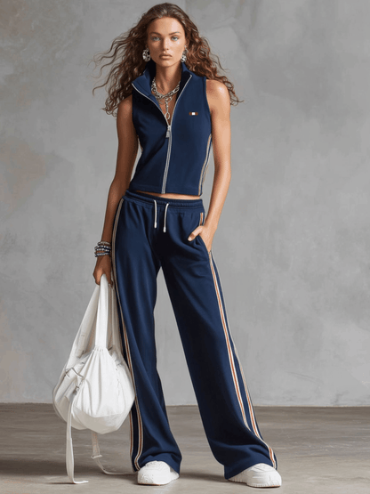Sporty Retro Embroidered Striped Ribbon Navy Blue Pure Cotton Sleeveless Top And Pants Set