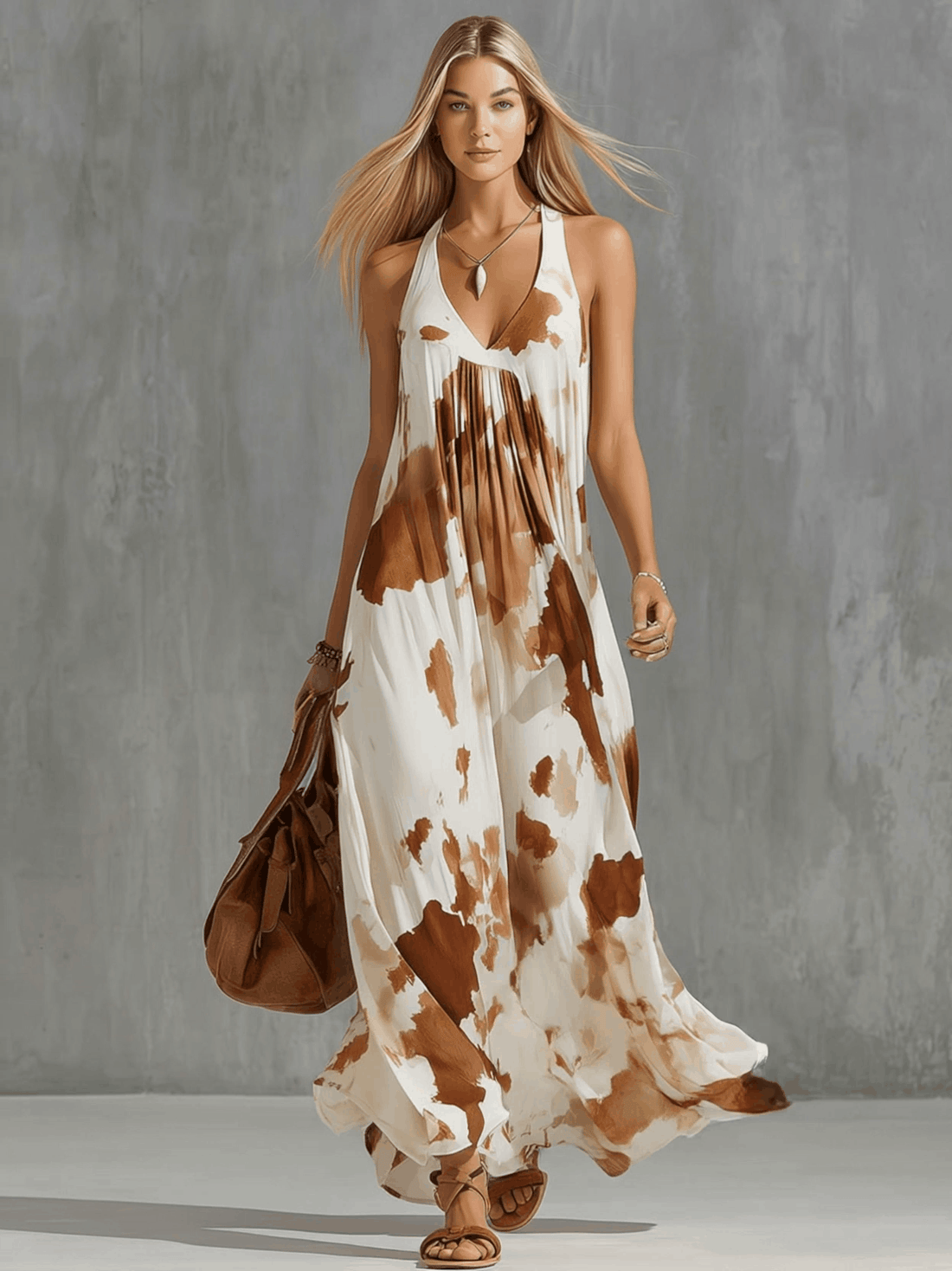 Vintage Brown Cow Print White Chiffon Sleeveless Maxi Dress