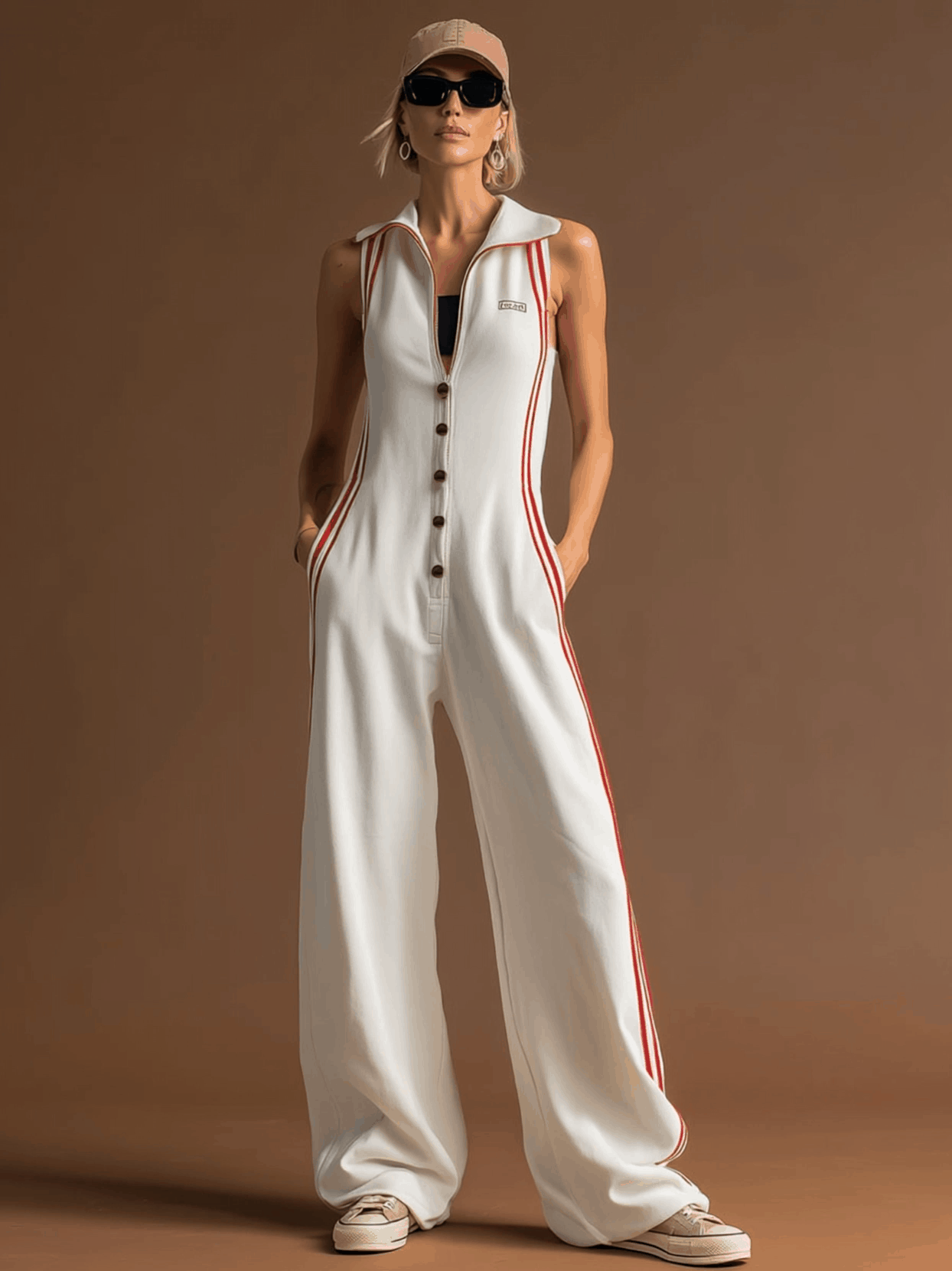 Sporty Retro Red Ribbon White Cotton Sleeveless Jumpsuit