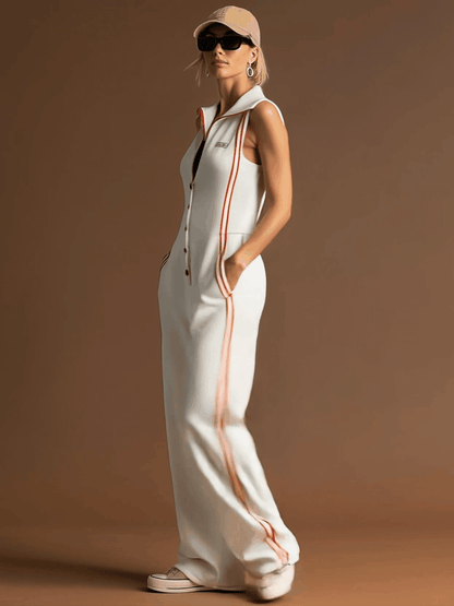 Sporty Retro Red Ribbon White Cotton Sleeveless Jumpsuit