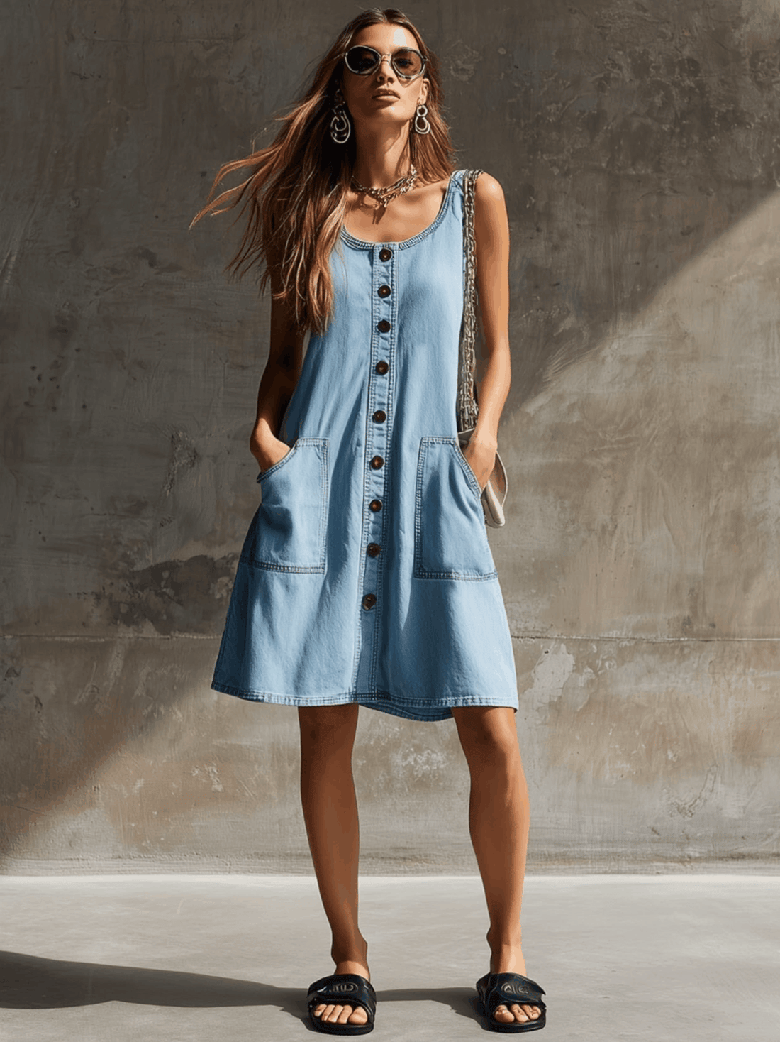 Casual Retro Light Blue Denim Sleeveless Round Neck Mini Dress