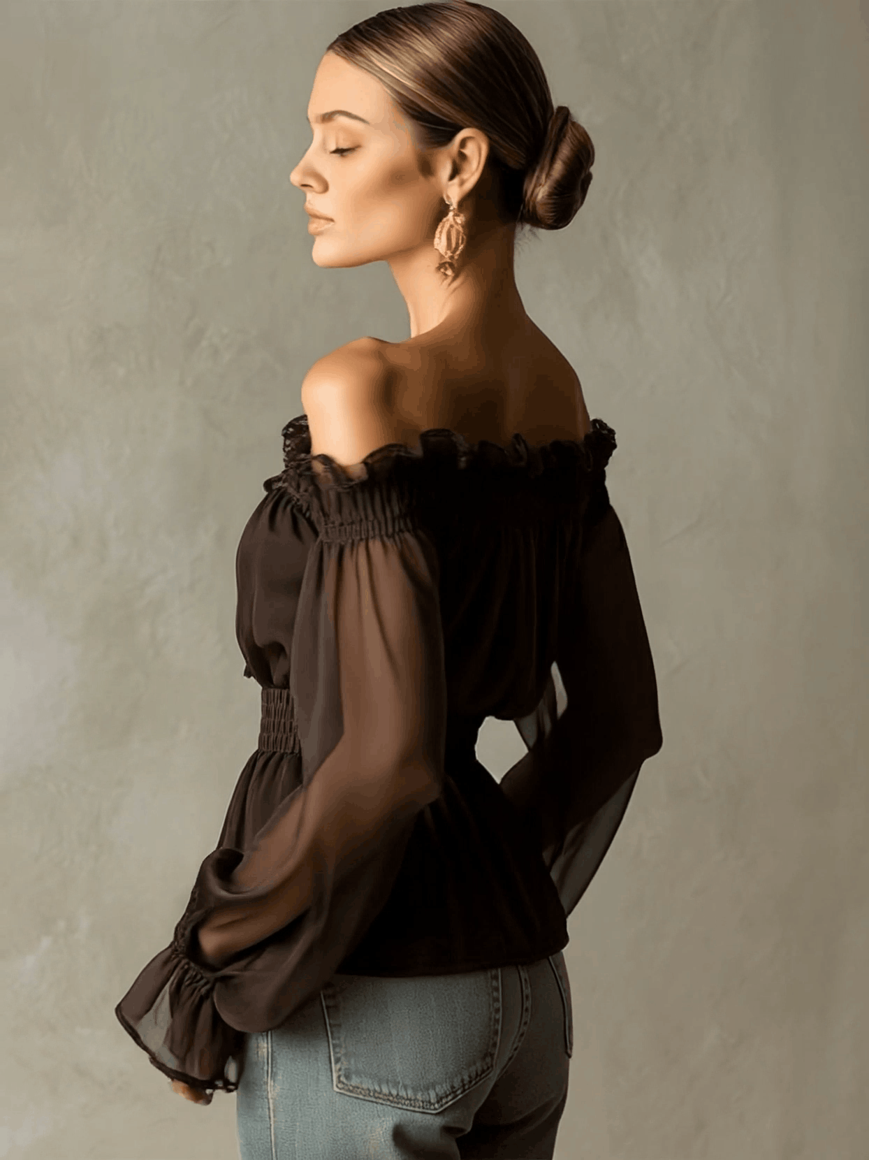 Fashionable Retro Ruffled Brown Off-shoulder Chiffon Blouse