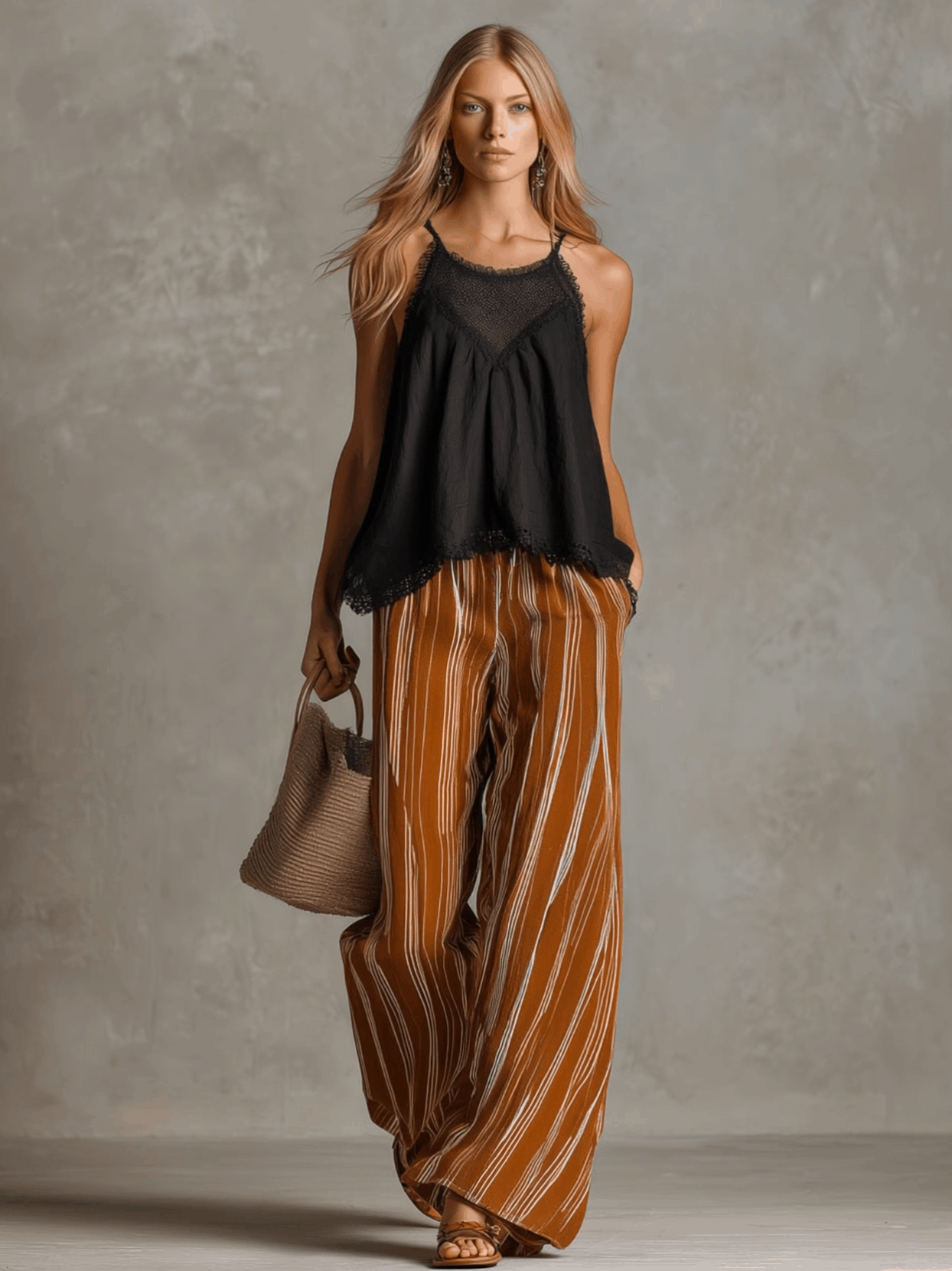 Vintage Lace Black Cotton Linen Camisole And Caramel Chiffon Trousers Set