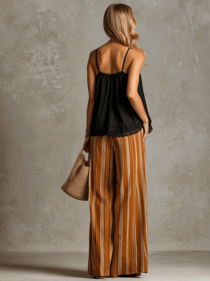 Vintage Lace Black Cotton Linen Camisole And Caramel Chiffon Trousers Set