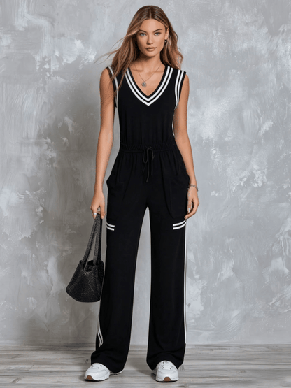 Retro Casual Sporty Color-blocked Black Sleeveless V-neck Cotton Jumpsuit
